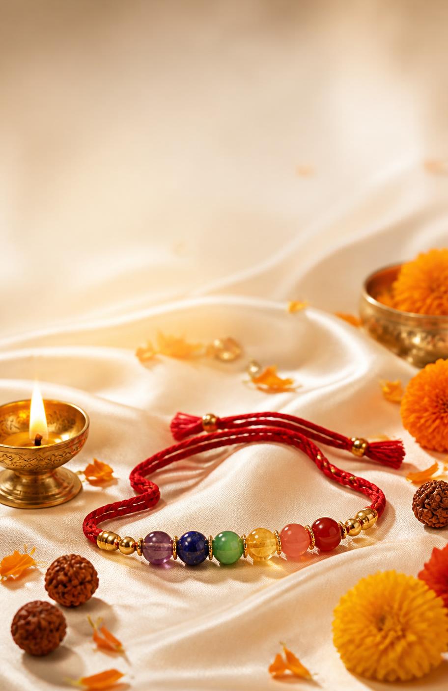 Festive Raksha Bandhan arrangement with chakra-stone rakhis, a brass diya and marigold petals on ivory silk